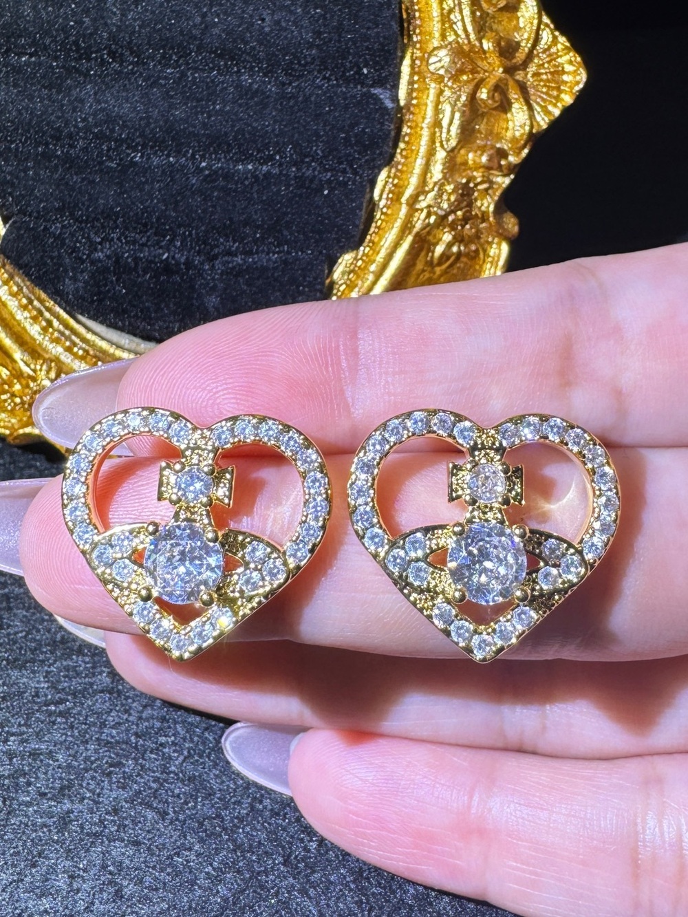 S925 Posts - Gold Crystal Heart Orb Statement Stud Earrings